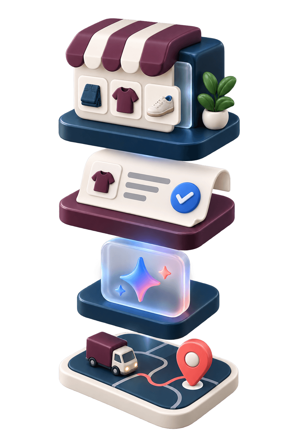 Слои системы Dukenim: витрина, заказ, AI Studio и маршрут